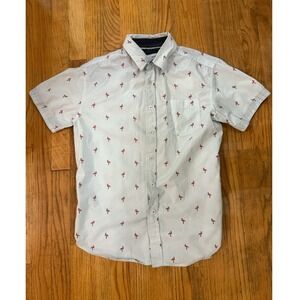 Eighth Avenue Men's M White Blue Striped Flamingo Short Sleeve Cotton Shirt